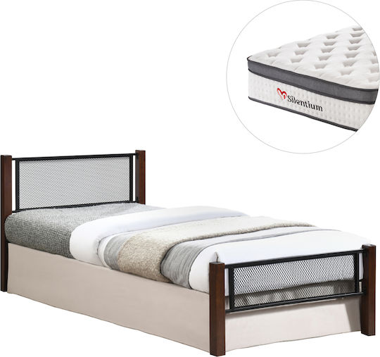 Rayven Pat Single Metalic Stejar Dirty cu Plăci & Saltea 90x190cm