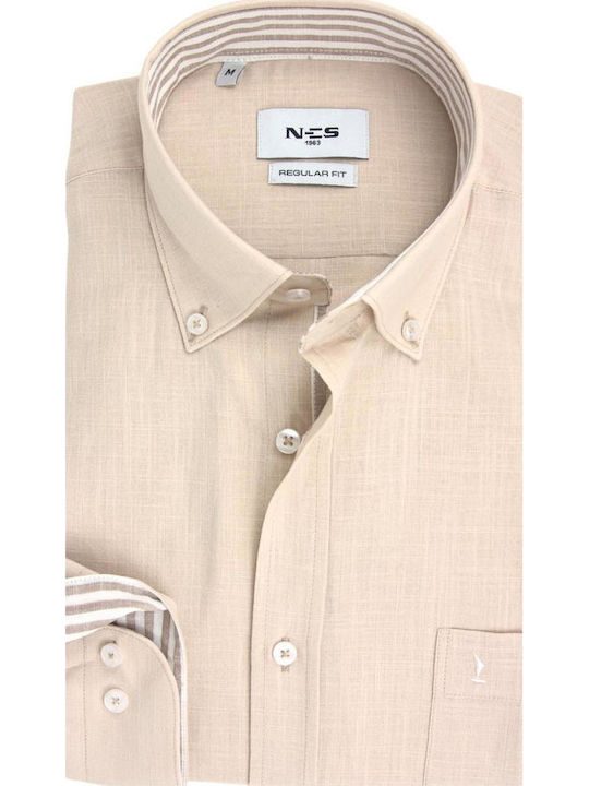 Long Sleeve Linen Shirt in Regular Fit Striped Beige