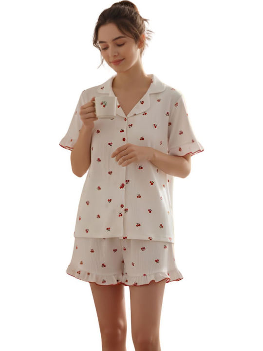 Asel Summer Women's Pajama Set Ecru-Red