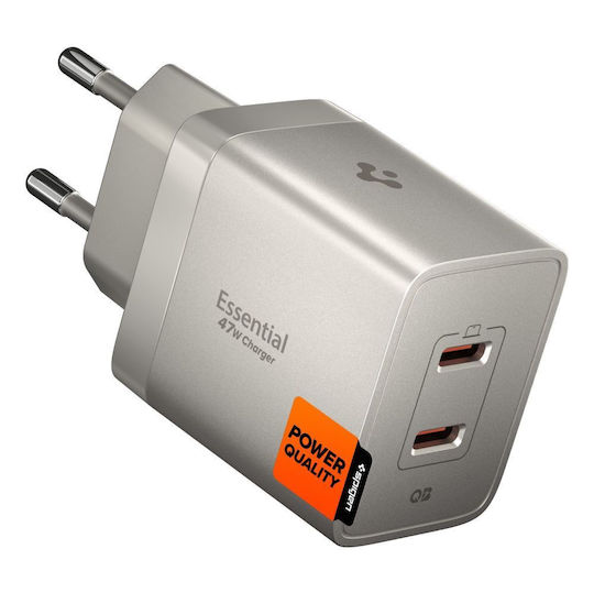 Spigen GaN Charger Without Cable with 2 USB-C Ports 47W Power Delivery / Quick Charge 3.0 Natural Titanium (Essential)
