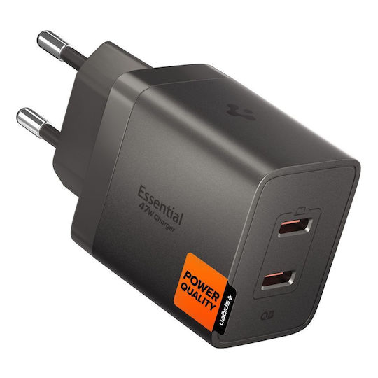 Spigen Φορτιστής Χωρίς Καλώδιο GaN με 2 Θύρες USB-C 47W Power Delivery / Quick Charge 3.0 Gunmetal (Essential)