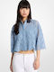 Long Sleeve Women's Denim Shirt Light Blue Floral