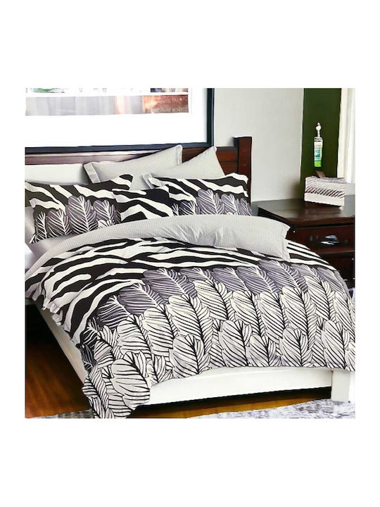 To megalo pazari Flannel Duvet Cover Set 220x240cm Double With 2 Pillowcases Grey-Black