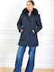 Long Women's Puffer Jacket with Furry Hood for Winter Blue