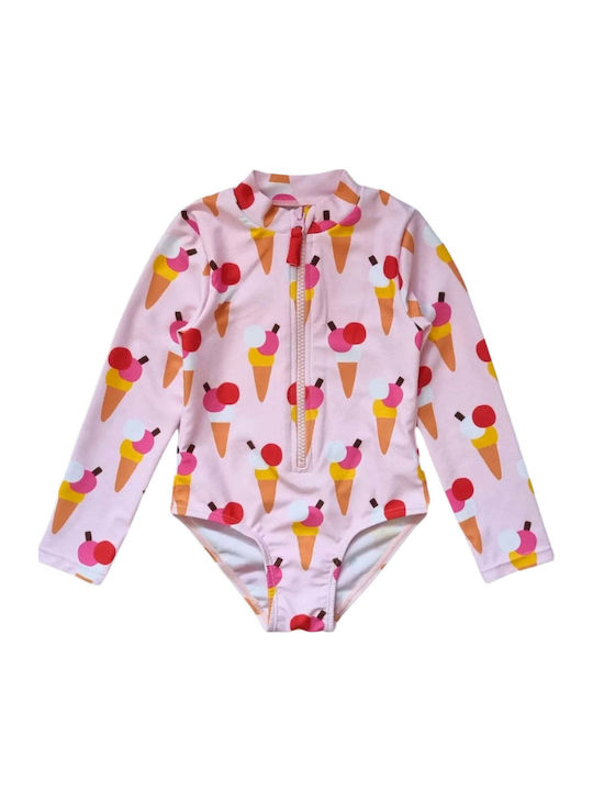 Toby Tiger Kids One-Piece Swimwear With Long Sleeve Pink