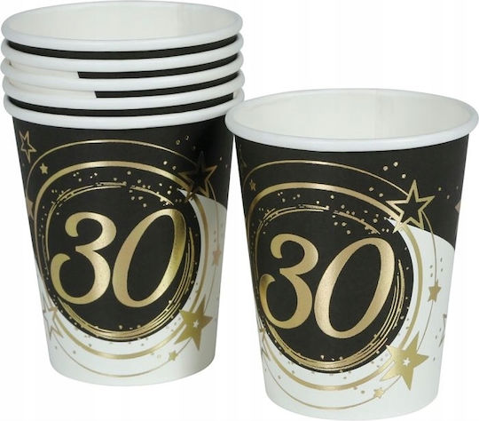Paper Cups 30th Birthday Thirtieth Gold Black Party 240ml 6pcs