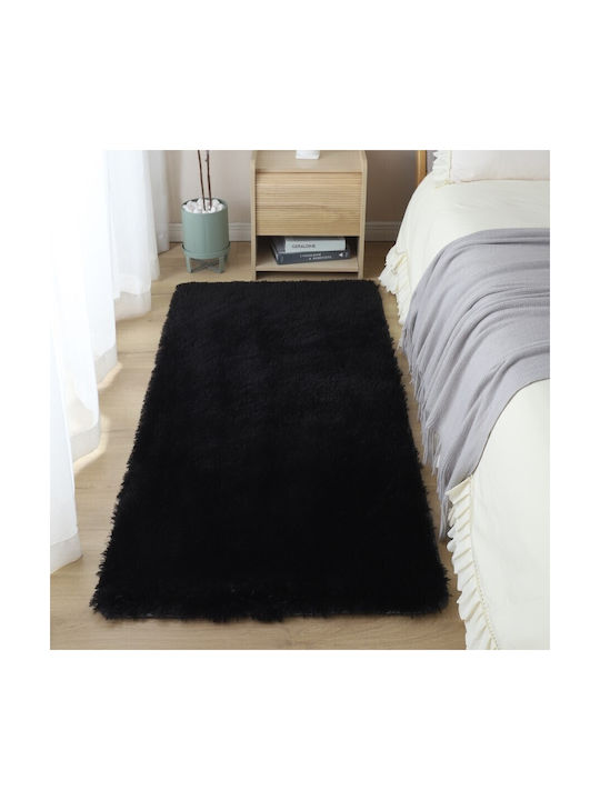 To megalo pazari Non-Slip Living Room Rug Rectangular Furry Black 70x140cm