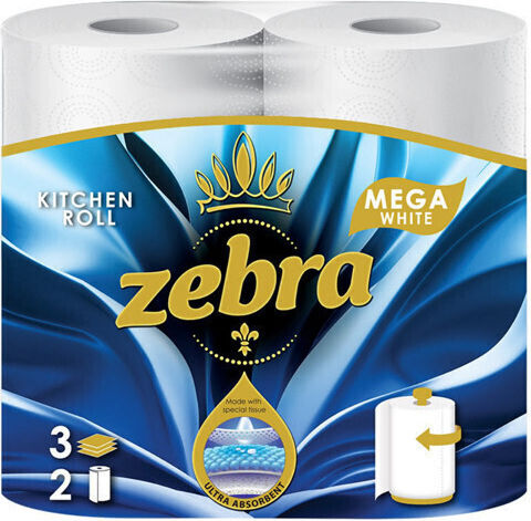 Zebra White Mega Χαρτί Κουζίνας 2 Ρολά 3 Φύλλων 2 Συσκευασίες