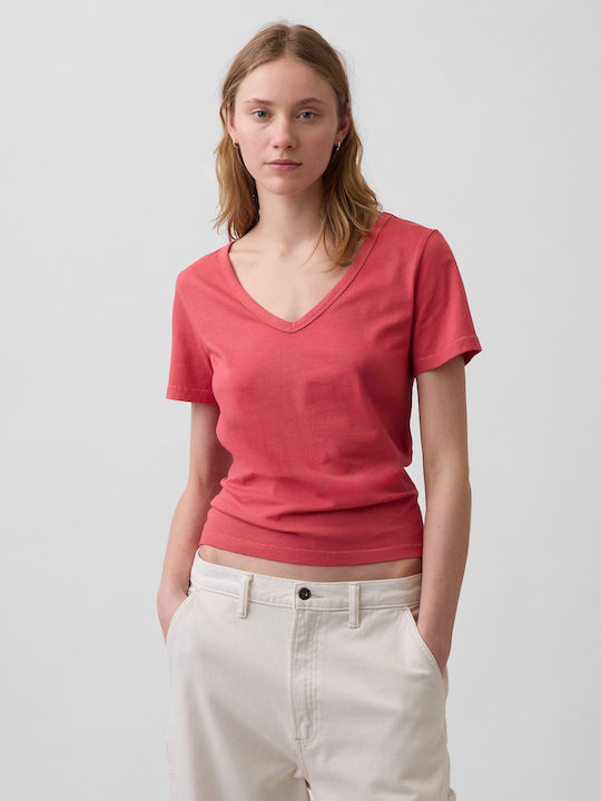 Women's Crop Cotton Short Sleeve Top with V-Neckline Chakra Red