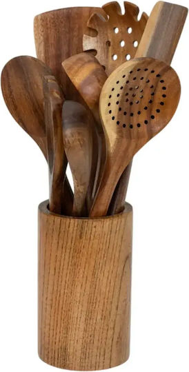 Set of Wooden Serving Utensils With Stand 9 Pieces