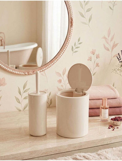 SteweHome Plastic Bathroom Brush and Bin Set Beige