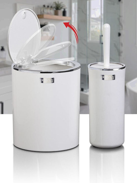 SteweHome Plastic Bathroom Brush and Trash Can Set White