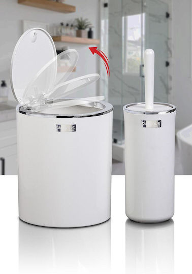 SteweHome Plastic Bathroom Brush and Trash Can Set White