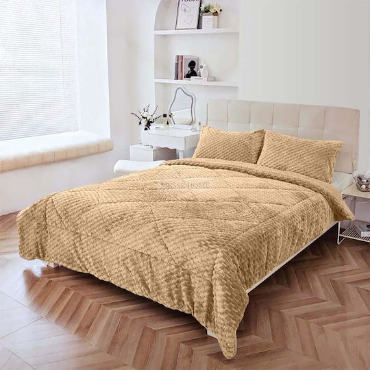 To megalo pazari Sherpa Comforter Set Super Double 220x240 cm Beige 3 Pieces