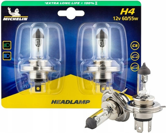 H4 60/55w 12v Michelin Bulbs Extra Long Life +130% P43t Duo Box 2 Pcs