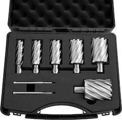 Vevor Set of Ring Cutters Kit 8 Pieces Weldon Shank Drill Bits Mag Cutting Depth 50.8 Mm Cutting Diameter 22.22 Mm Up to 50.8 Mm HSS 6 Drills 2 Pilot Pins Plastic Case Magnetic Drills