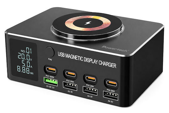 Powertech Βάση Φόρτισης με 4 Θύρες USB-A και 4 Θύρες USB-C 140W Power Delivery / Quick Charge 4.0 σε Μαύρο χρώμα (PT-1625)