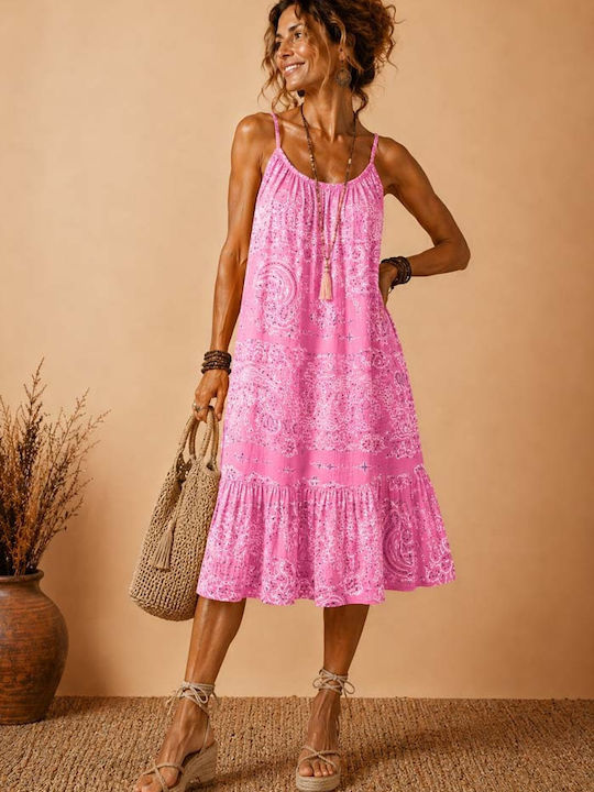 Summer Midi Dress with Ruffles Bubblegum Pink