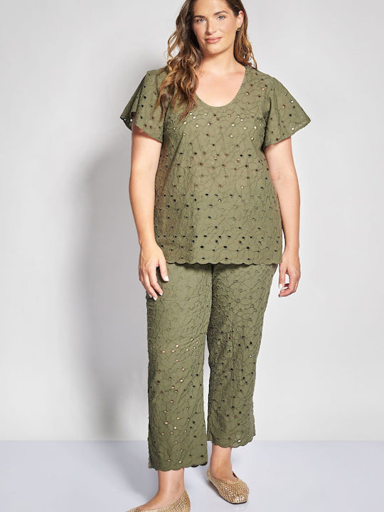 Set Damă Kaki cu Pantaloni cu Elastic Croială Dreaptă Floral
