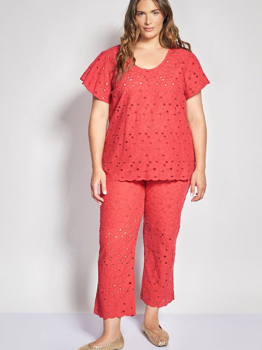 Set Dama Roșu cu Pantaloni cu Elastic pe Linia Dreaptă Floral