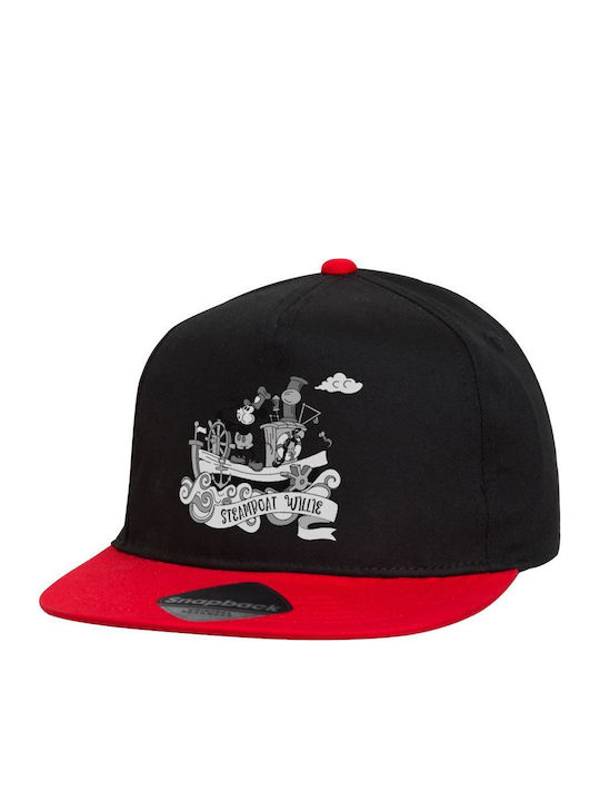 Mickey Steamboat Καπέλο Flat Snapback Μαύρο Κόκκινο 100% Βαμβακερο Unisex One Size