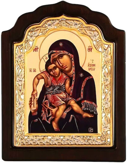 Panagia Axion Esti Silver Icon Wood Locally Gilded 33x25 Cm