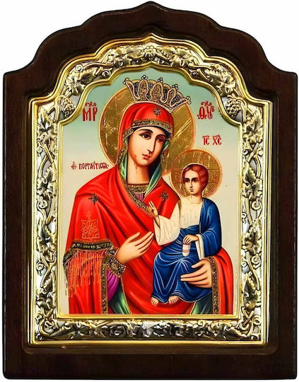 Panagia Portaitissa Silver Icon Wood Locally Gilded 33x25 Cm