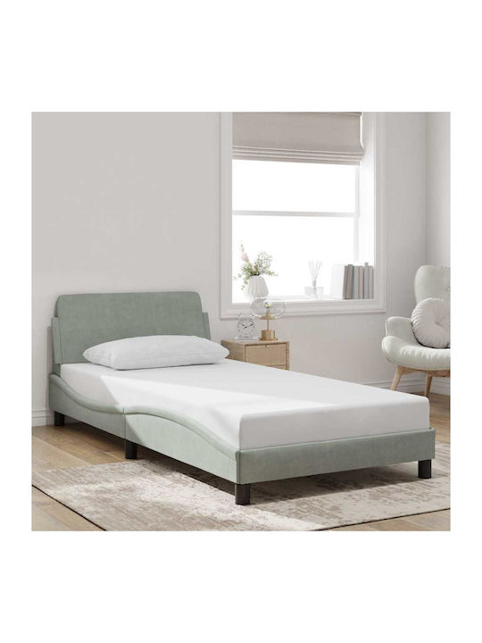 Pat Single Tapitat Cu Catifea Gri Deschis Cu Plăci Potrivit Pentru Saltea 100x203cm
