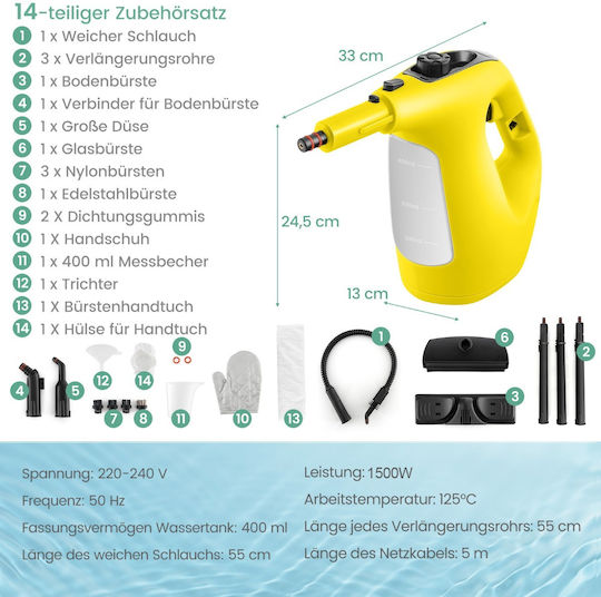 Costway Floor Garment Steamer 1500W with 400ml Tank Yellow
