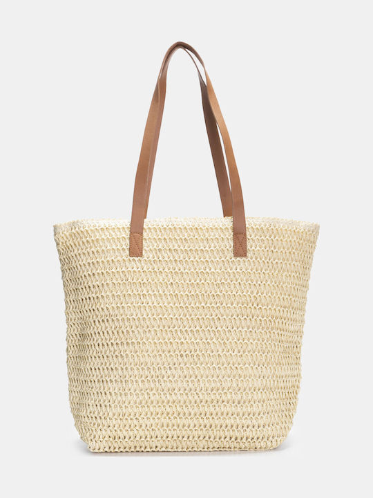 Decoro Ψάθινη Γυναικεία Τσάντα Shopper Ώμου Μπεζ
