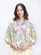 Damen Sommer Leinen Bluse mit 3/4 Ärmel & V-Ausschnitt Blumen Mehrfarbig