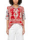 Women's Short Sleeve Hoodie Blouse Ecru- Red- Blue