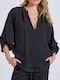 Women's Blouse with 3/4 Sleeve & V Neckline Black