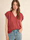 Women's Satin Short Sleeve Blouse with V Neckline Fountouki
