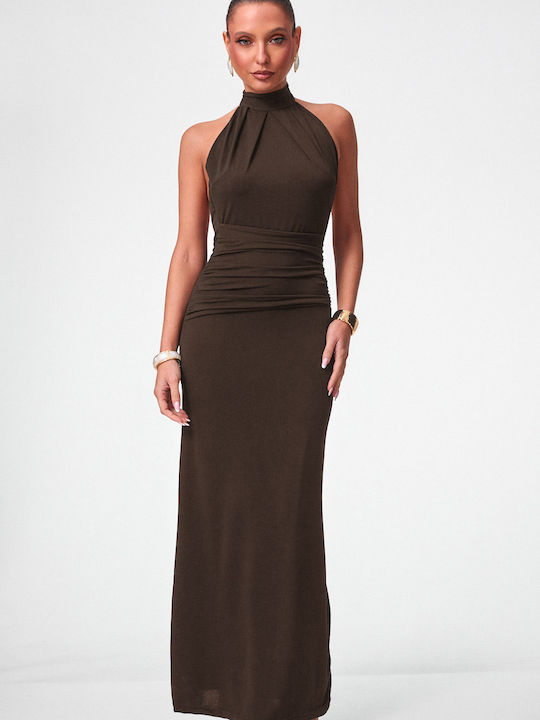 Summer Maxi Evening Dress Open Back Dark Brown