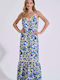 Summer Maxi Slip Dress with Ruffles Blue