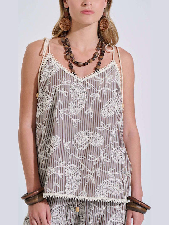 Women's Blouse with V Neckline Striped Brown
