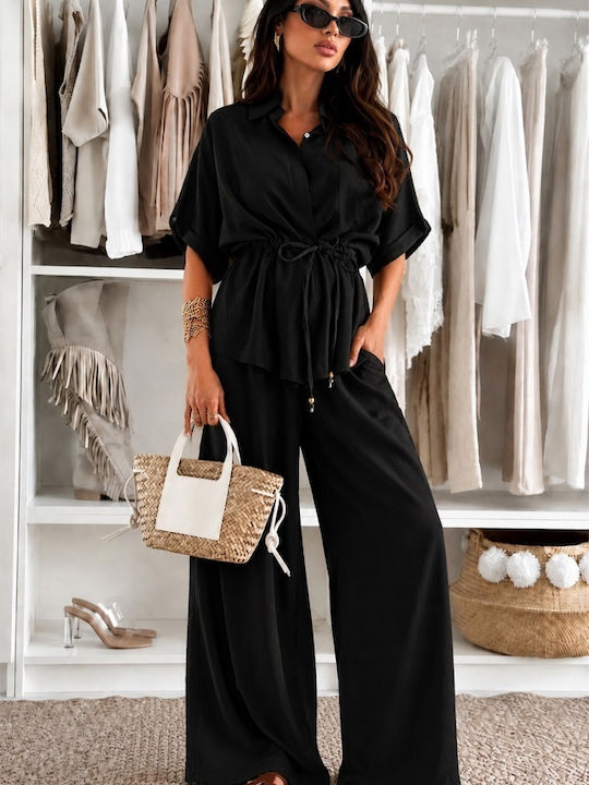 Pantaloni Dama Negru Set Cu Pantalon Capri High...