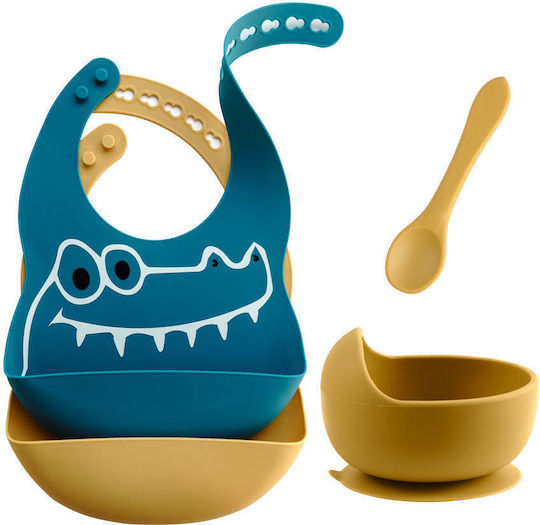 Queen Mother Crocodile Silicone Feeding Set with Anti-Slip Base Blue 4 Pieces