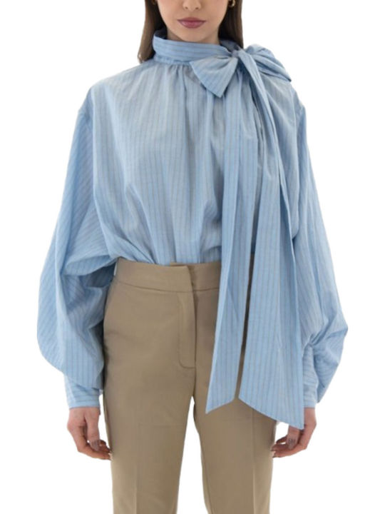 MY T Women's Blouse Cotton Striped Light Blue