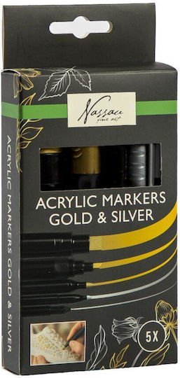Nassau Fine Art Acrylic Markers Gold/Silver Set 5 Pieces