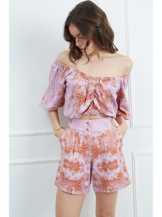 Women's Crop Top with Zipper Floral Coral