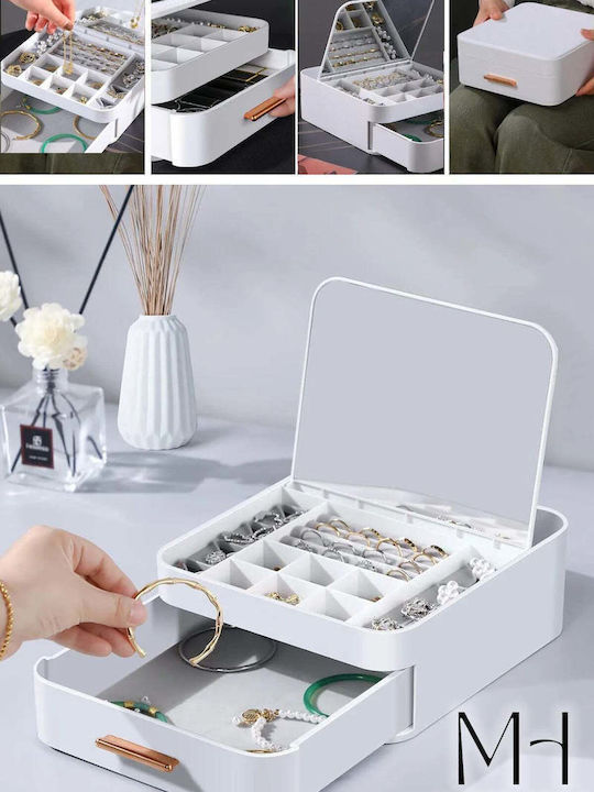 Stewehome Organizator Decorativ Pentru Bijuterii Cu Oglindă Sertar Cu Deschidere Automată Alb 22x20x8 Cm