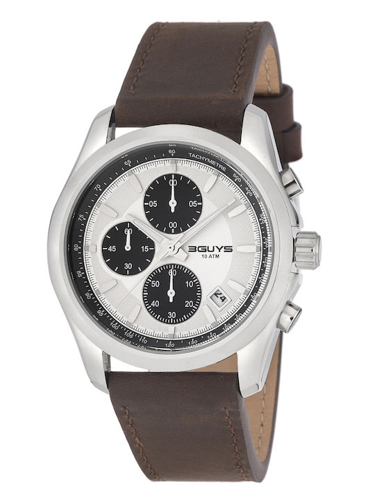 3Guys Men's Watch 44mm Chronograph Battery with Brown Leather Strap