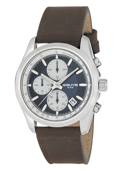 3Guys Men's Watch 46mm Chronograph Battery with Brown Leather Strap