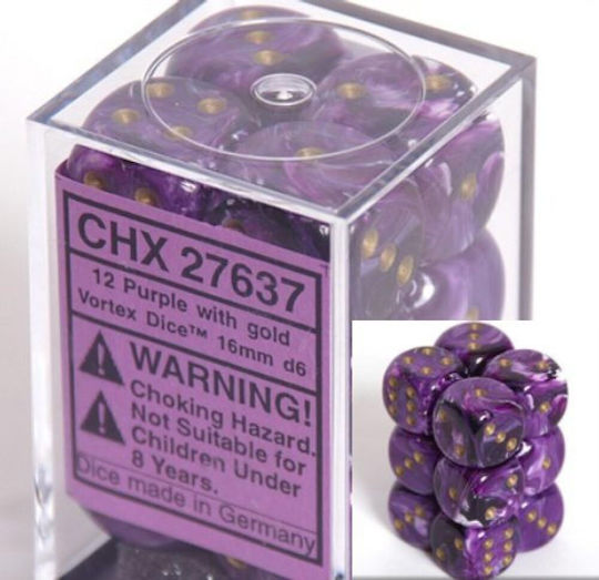 Chessex 16mm D6 Pips Dice Blocks 12 Dice Vortex Purple W Gold