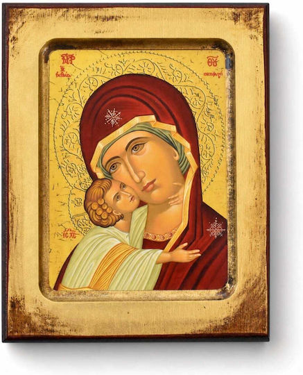 Handmade Icon Virgin Mary Sweet-Kissing Carved Wood 35x46cm