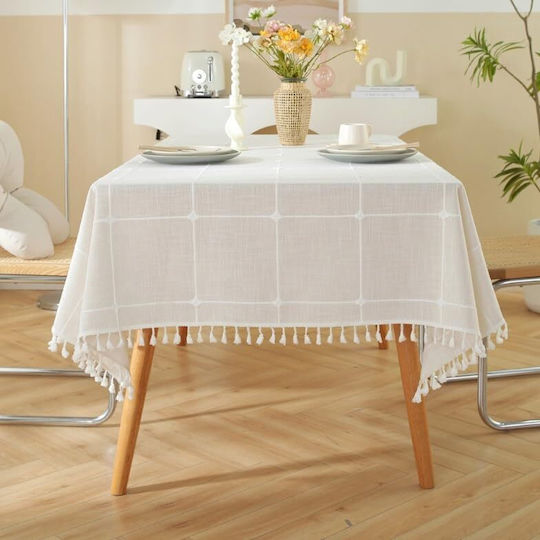 FRIPIA Leinen Tischtuch mit Stickerei Weiß 140x350cm
