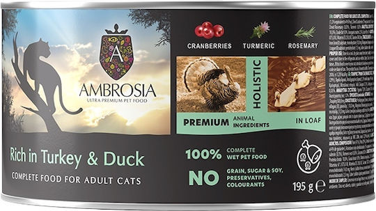 Ambrosia Wet Cat Food for Adult Cats with Turkey, Duck and Salmon Grain Free 195gr