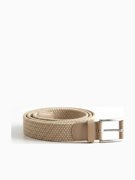 Elastic Men's Belt Made of Knitted Beige Artificial Leather
